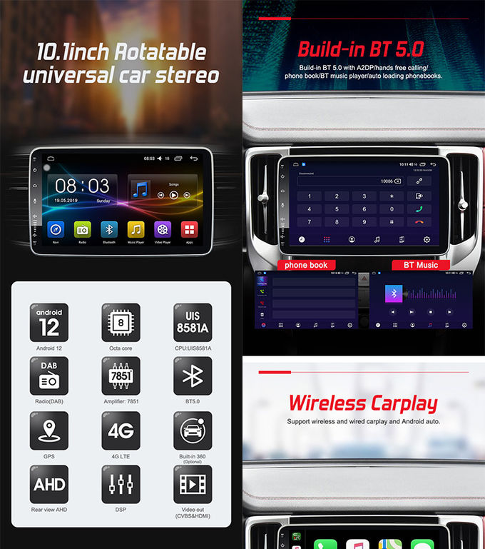 Universal Car Stereo 10.1inch Rotatable Universal Car Multimedia Player With QLED 1280*720 Screen ​